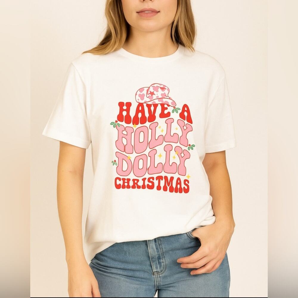Woman’s White Have a Holly Dolly Christmas T-Shirt with Pink and Red Size XL